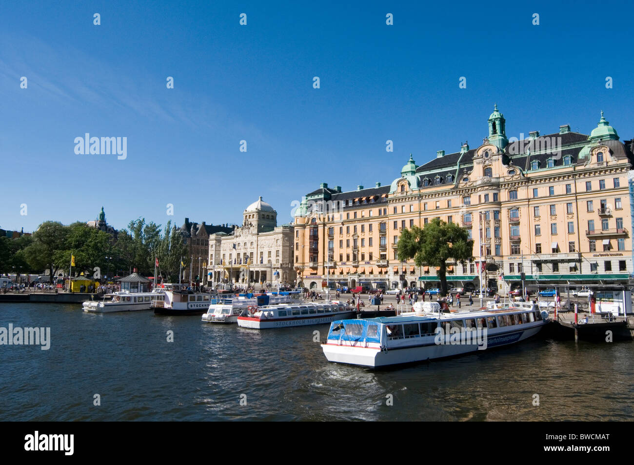 stockholm city center centre sweden swedish capital city boats water tourist destination dock Venice of the north summer summert Stock Photo