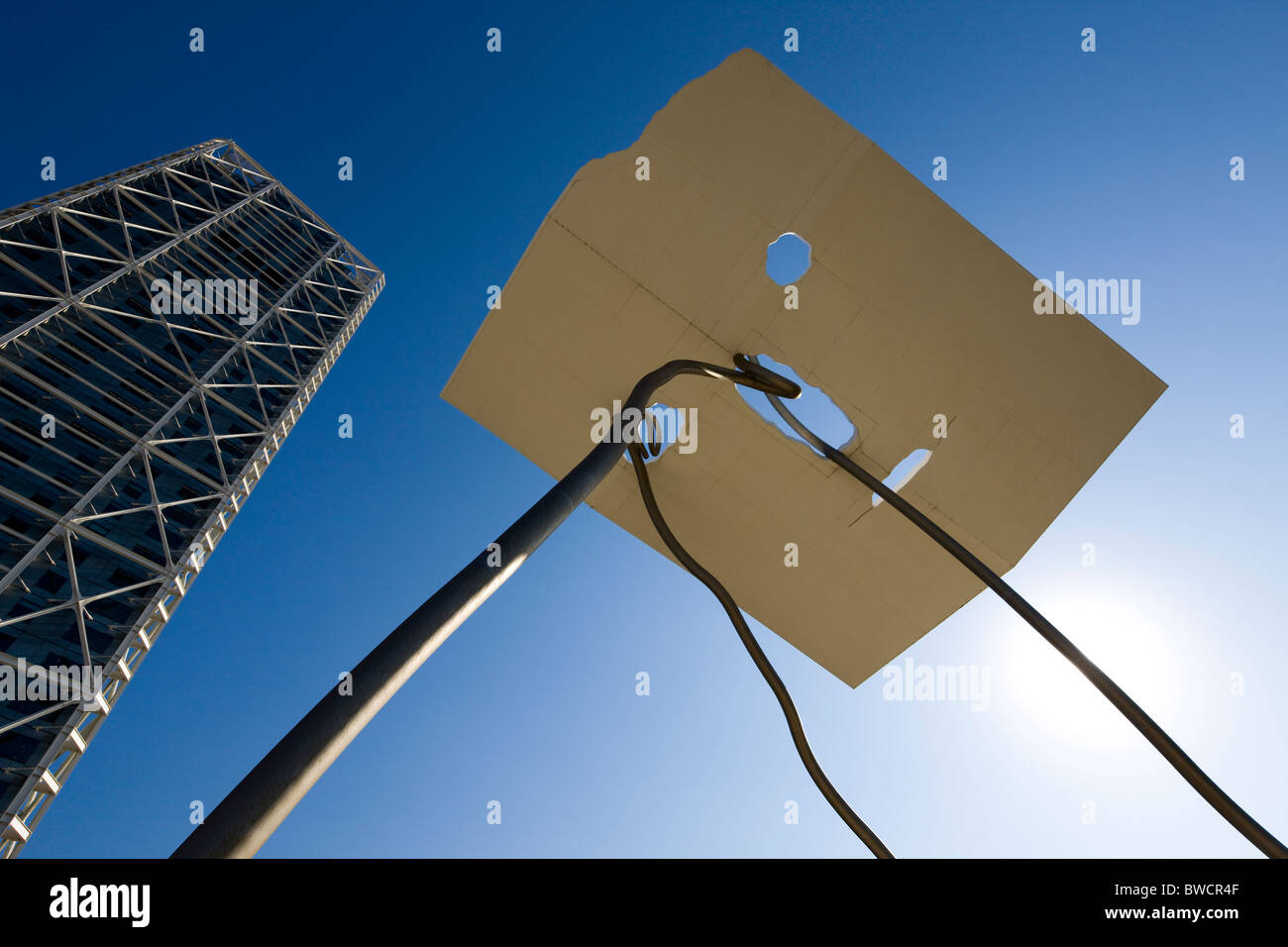 Modern sculpture and the Hotel Arts at the Puerto Olímpico, Olympic port in Barcelona, Spain Stock Photo