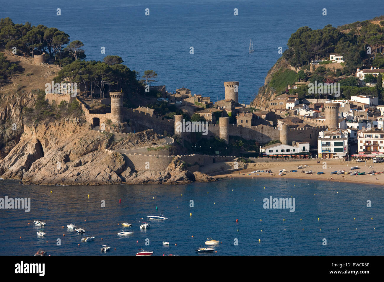 View of Tossa de Mar showing the medieval fortified and turreted walls. Stock Photo