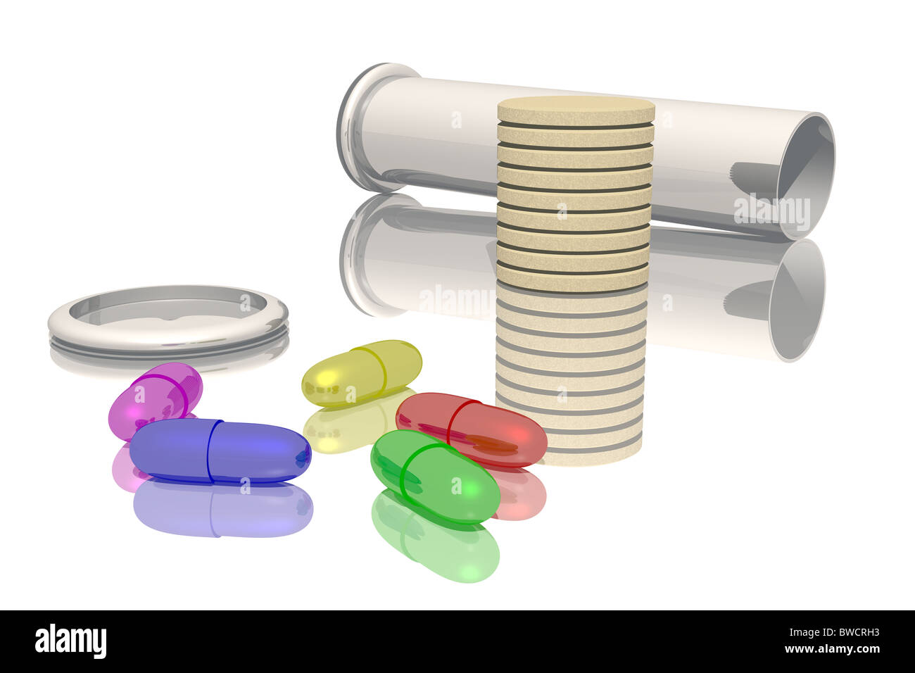 Vial capsules and pills on the reflective table over the white background Stock Photo