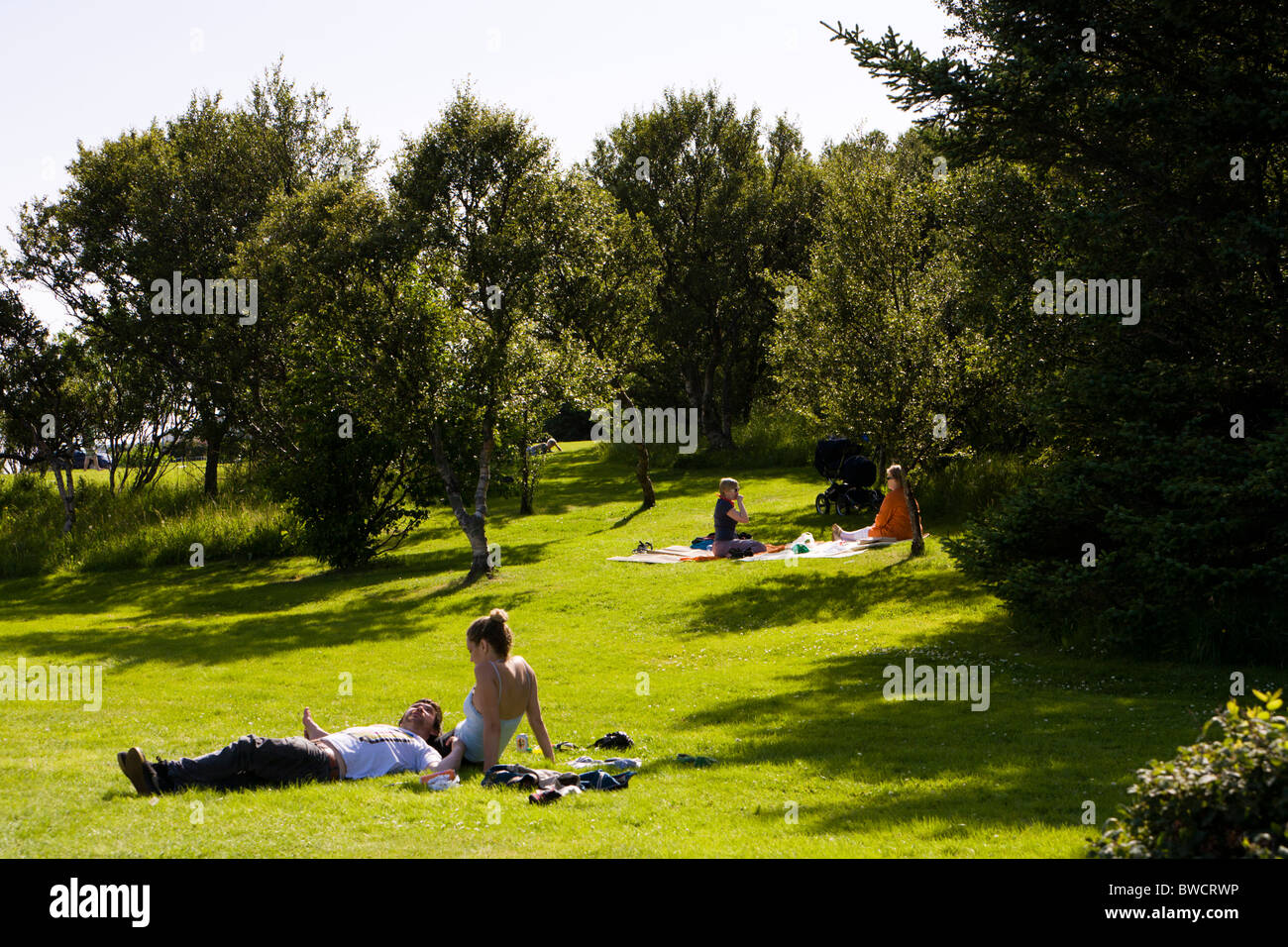 People relaxing in a public park by Tjornin lake. Reykjavik Iceland Stock Photo