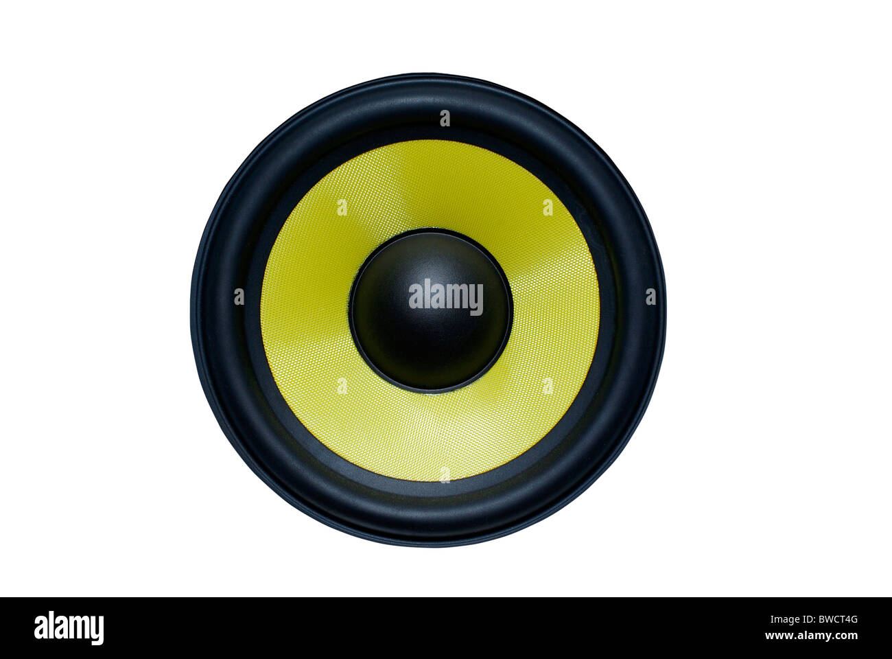 Yellow audio speaker isolated on white background. Stock Photo