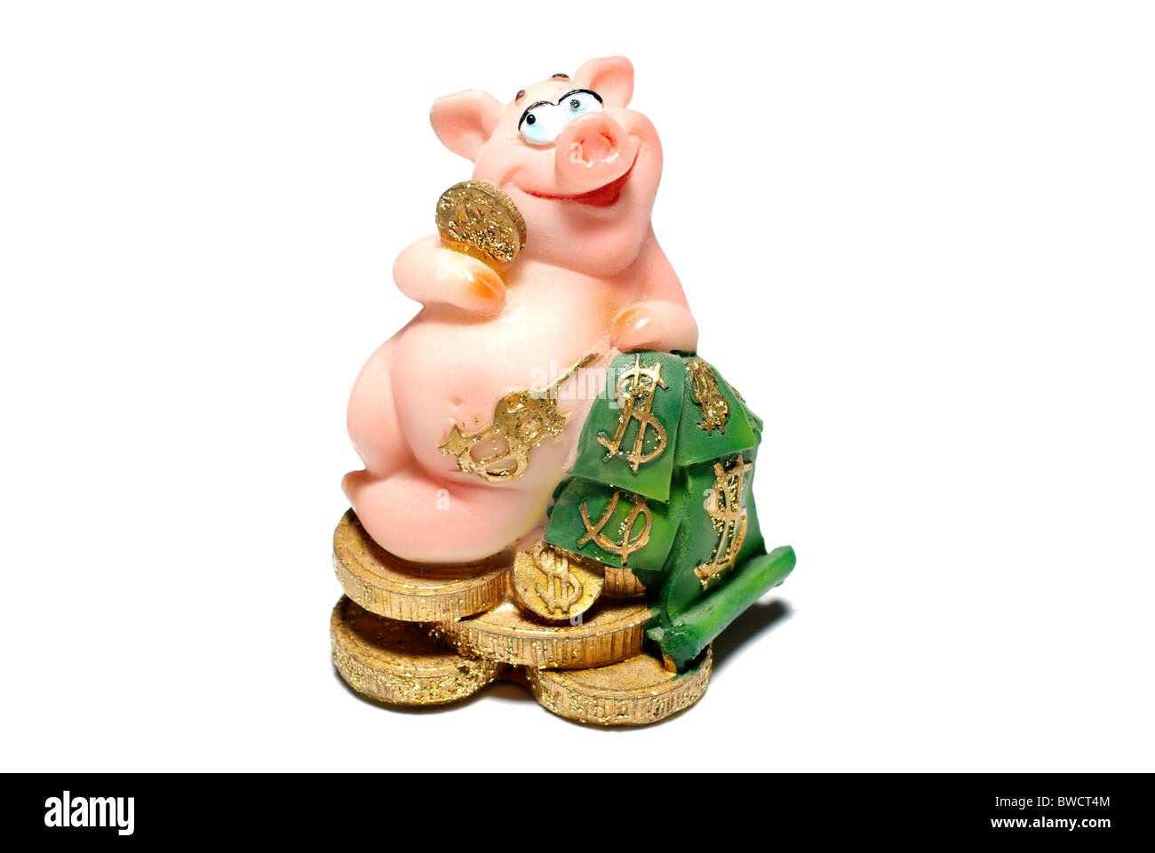 Ceramic piggy with money isolated on white background. Stock Photo