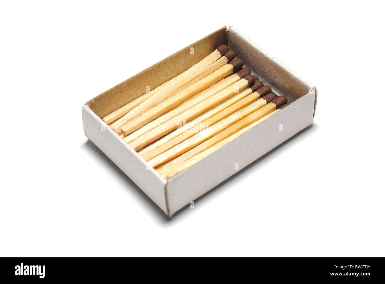 Matches in box isolated on white background. Stock Photo