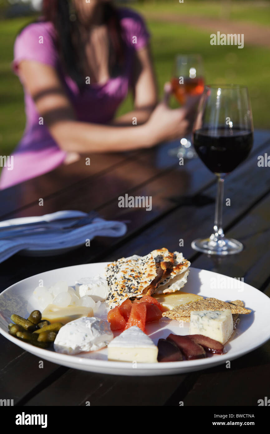 Cheese platter and wine at Blaauwklippen Wine Estate, Stellenbosch, Western Cape, South Africa (MR) Stock Photo