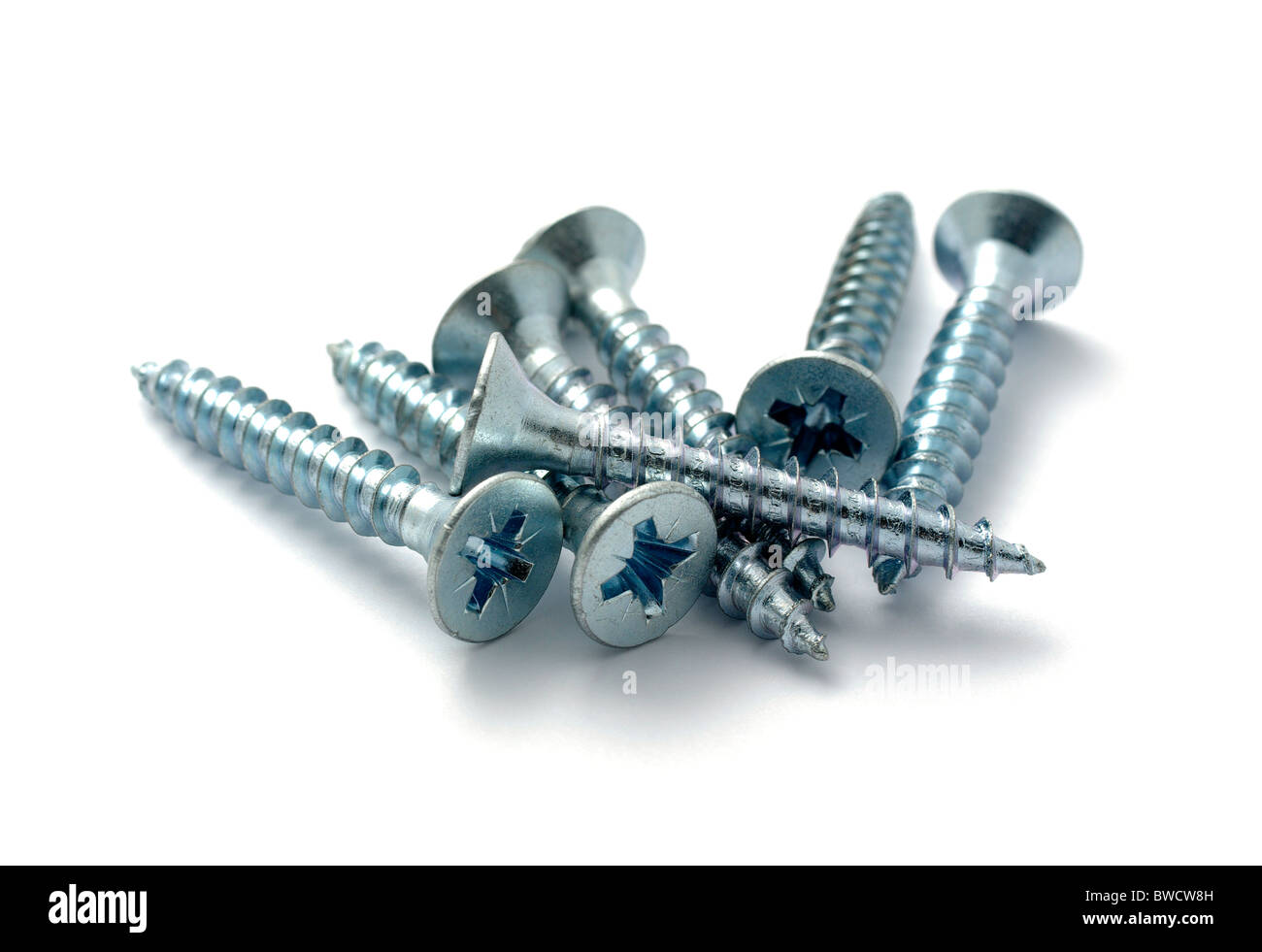 Wood screws isolated cut out, cutout shadow close up Stock Photo