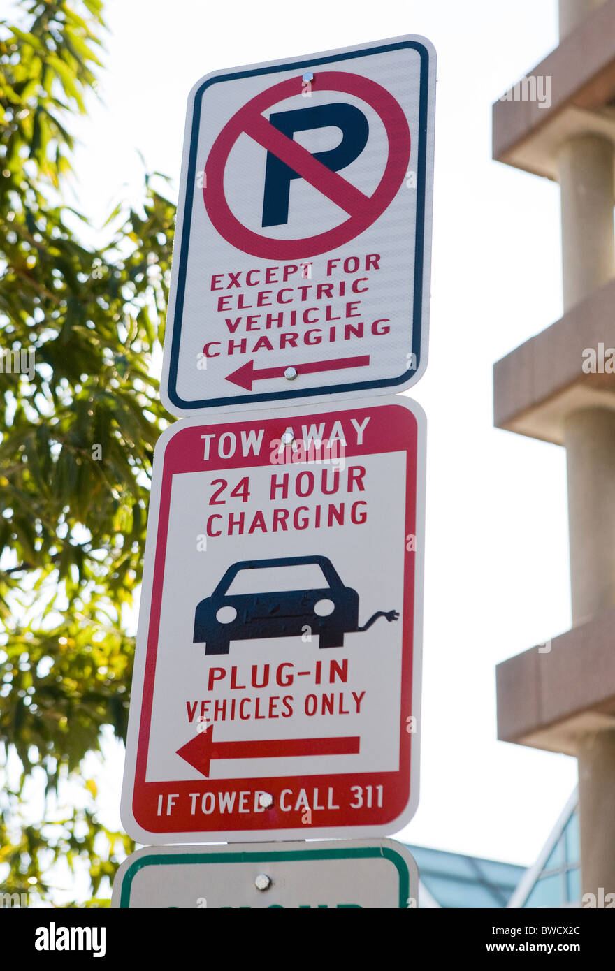 An electric car charging station and parking space.  Stock Photo