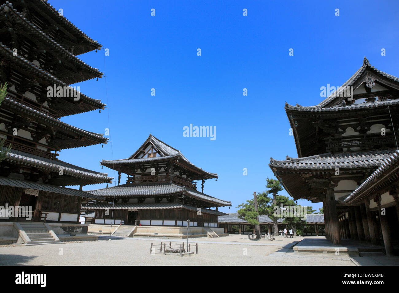 Horyuji monastery, Sain with pagoda (693), kondo (700), Horyu-ji, Ikaruga (near Nara), Japan Stock Photo