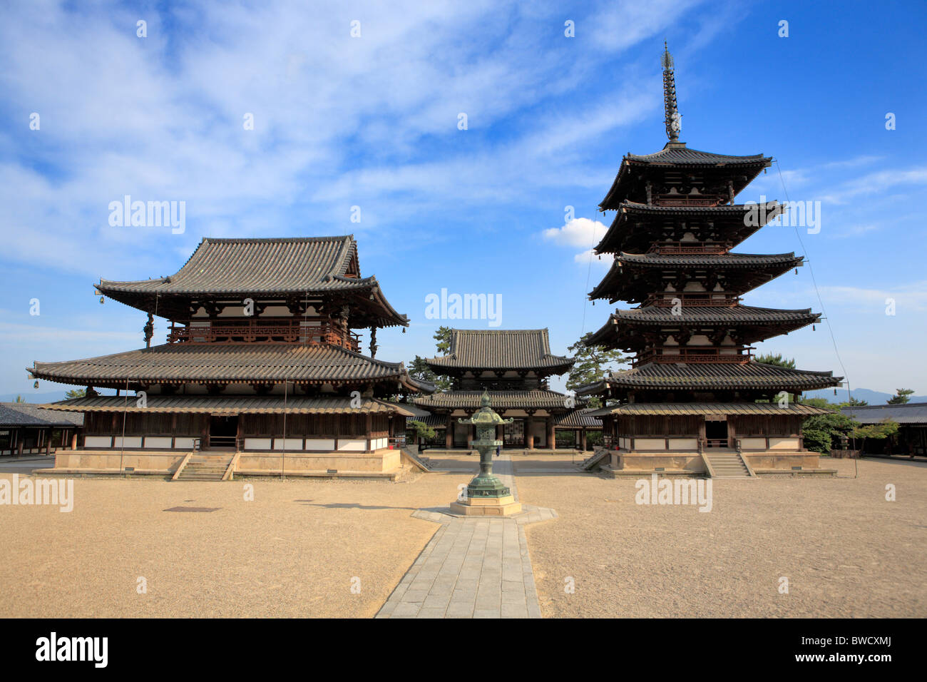 Kondo (700) and pagoda (693), Horyu-ji, Ikaruga (near Nara), Japan Stock Photo