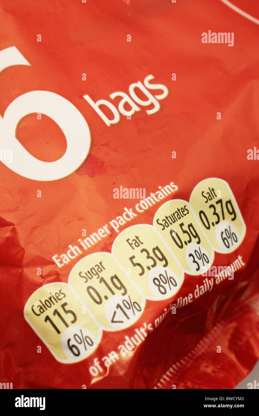 Packet Of Crisps With Nutritional Information Guidelines Stock Photo 