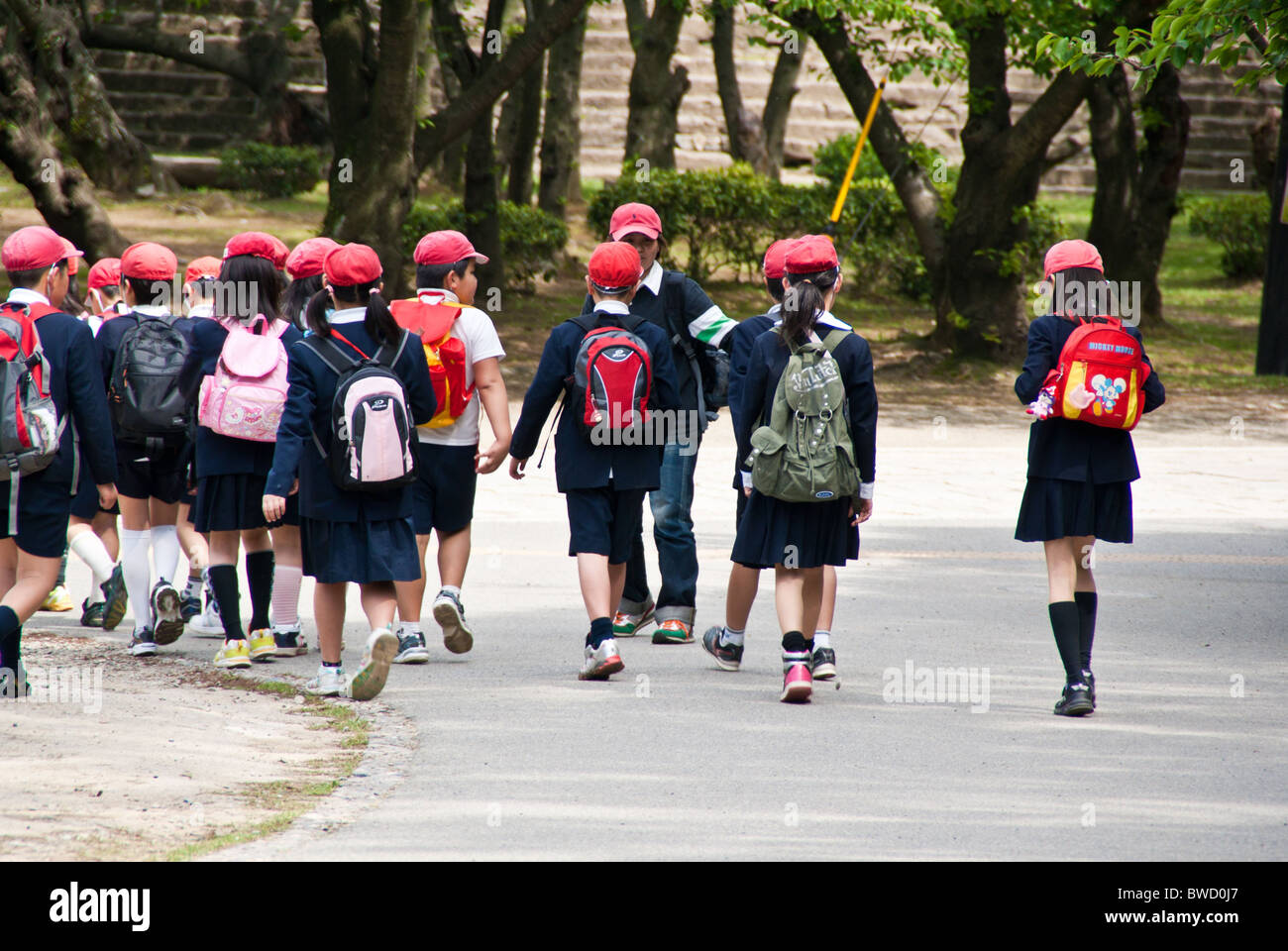 A group of Japanese school children on an outing / field trip in Wakayama Stock Photo