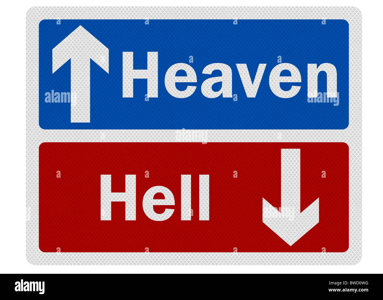 Photo realistic metallic reflective 'heaven / hell' road sign, isolated on pure white Stock Photo