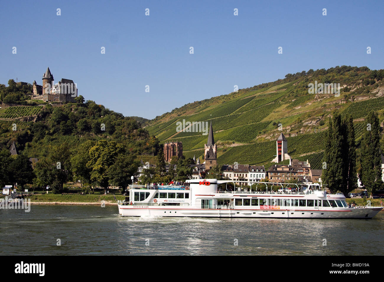 Stahleck Castle, overlooking the Rhine River, Bacharach, Germany Stock Photo
