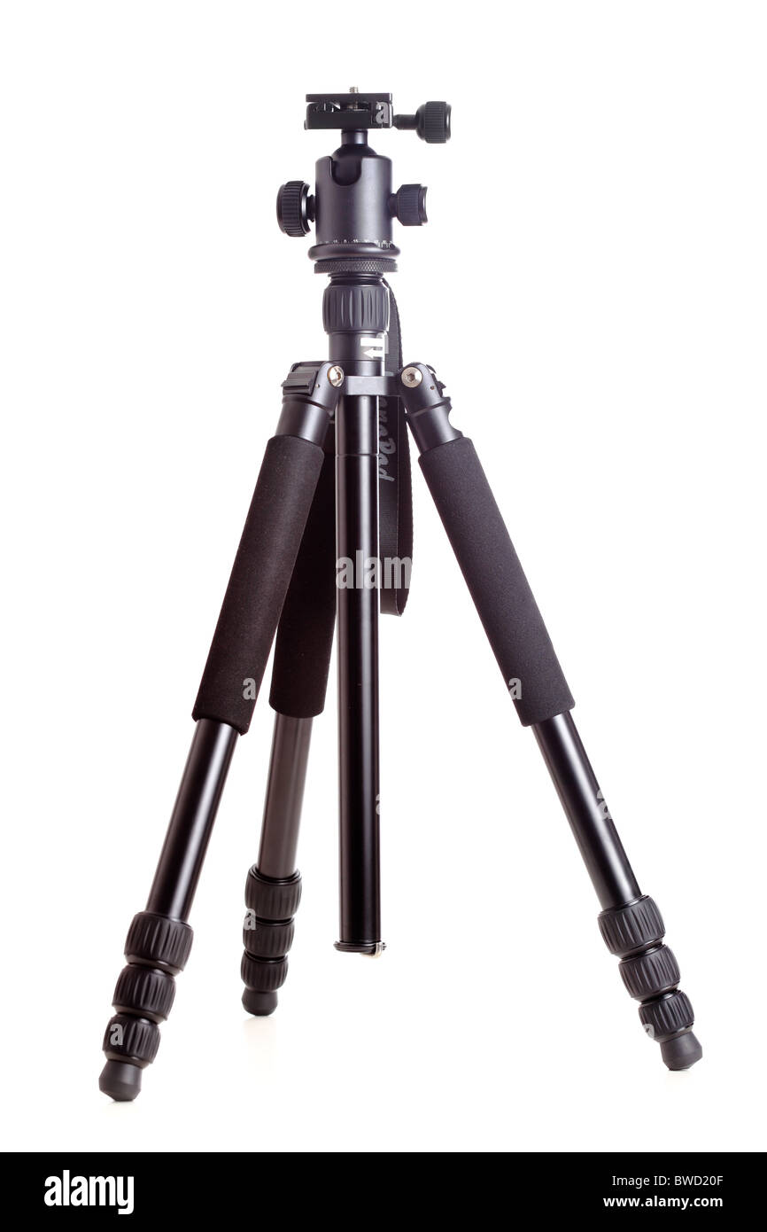 professional adjustable black camera tripod, isolated on white Stock Photo
