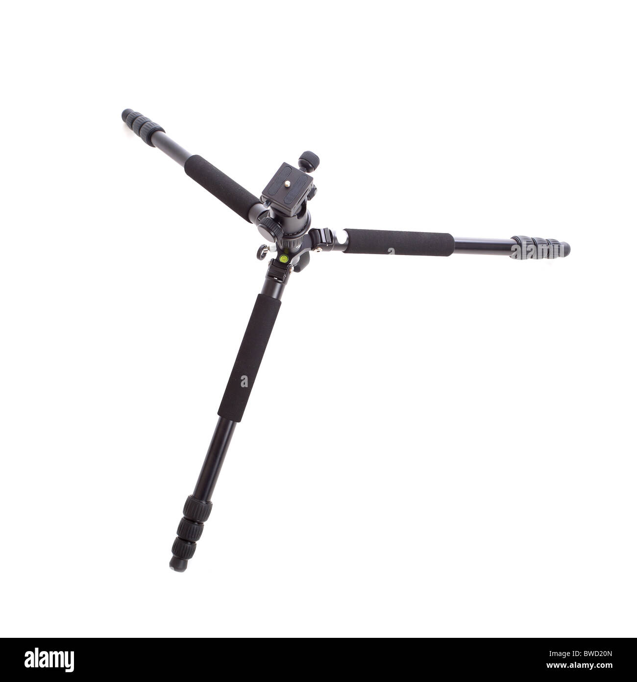 professional adjustable black camera tripod, isolated on white Stock Photo
