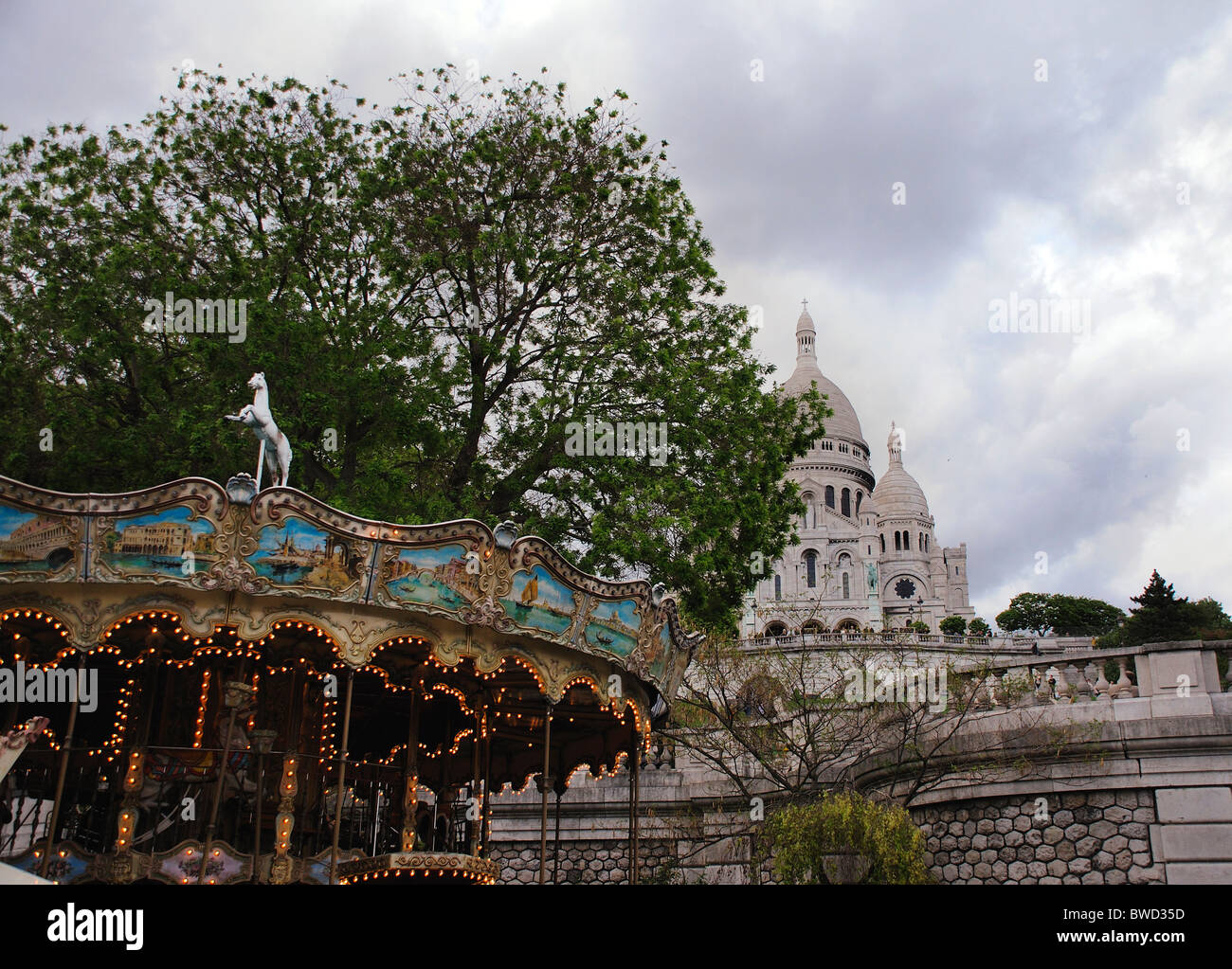 Sacre Coeur and Fairground Carousel, Montmartre, Paris, France Stock
