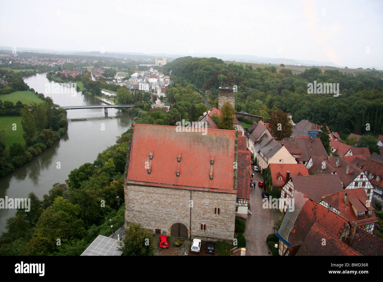 View over the river and rooftops of Bad Wimpfen, from the Blauer Turm, Blue Tower, Germany Stock Photo