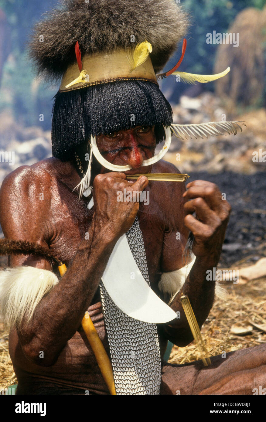 Dani man playing mouth harp, Baliem Valley, Papua, Indonesia Stock Photo