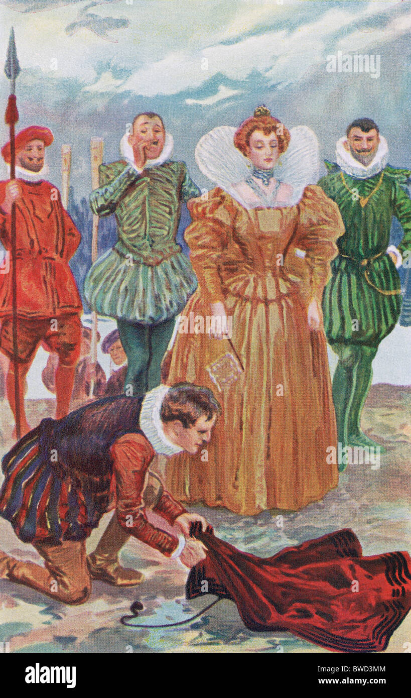 Tradition says Sir Walter Raleigh placed his cloak above a mud puddle to prevent Elizabeth I from muddying her shoes. Stock Photo