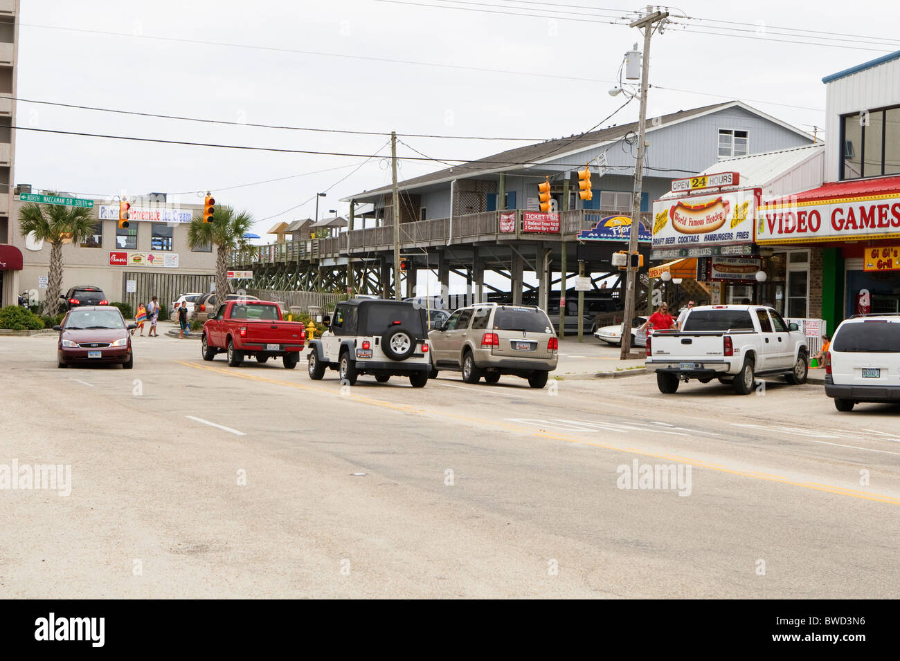 Shops & Restaurants along Atlantic Ave. & N. Waccamaw Dr. in the small town of Garden City, SC, to the south of Myrtle Beach, SC Stock Photo
