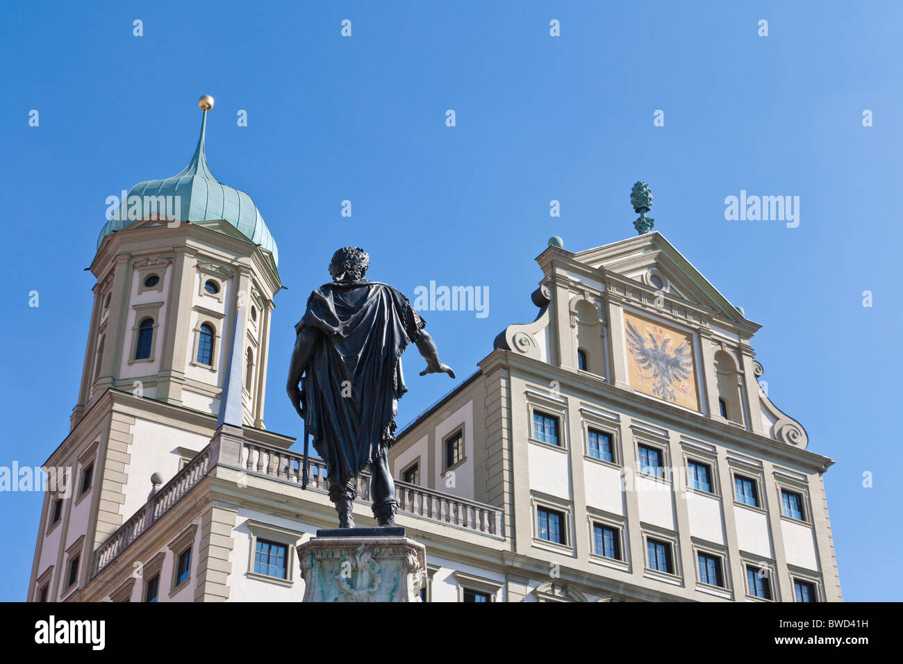 FIGURE ON A FOUNTAIN, AUGUSTUS FOUNTAIN IN FRONT OF TOWN HALL, AUGSBURG, BAVARIA, GERMANY Stock Photo