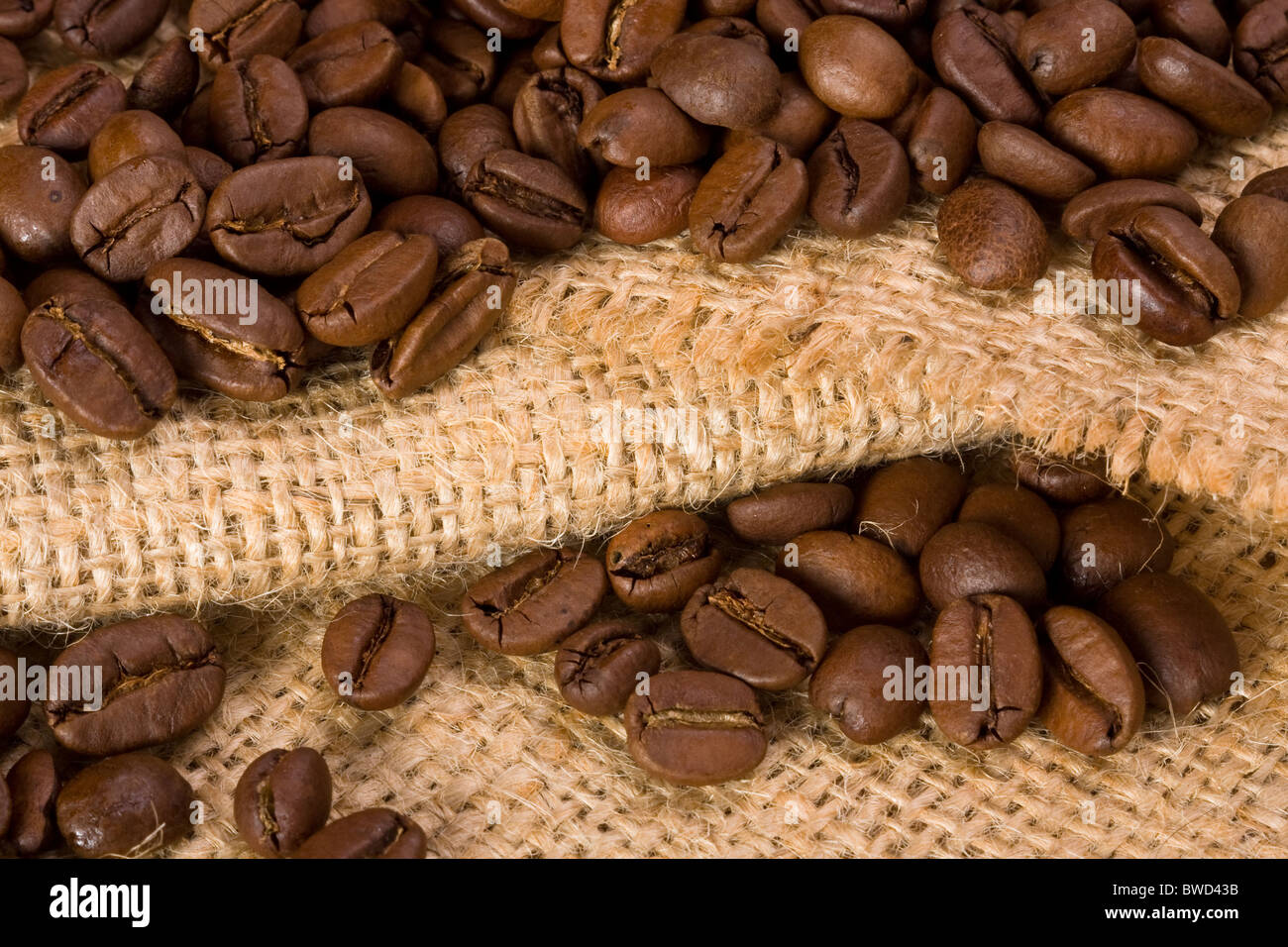 Coffee beans on burlap texture Stock Photo