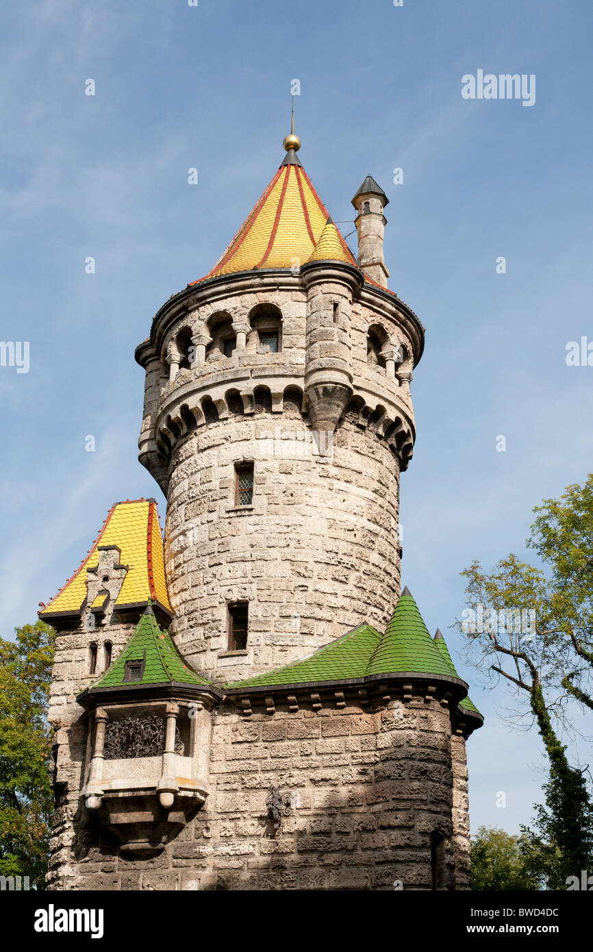 MUTTERTURM TOWER, BUILT IN 1844  BY H. V. HERKOMER AS A ATELIER  , HERKOMERMUSEUM MUSEUM, LANDSBERG AM LECH, BAVARIA, GERMANY Stock Photo