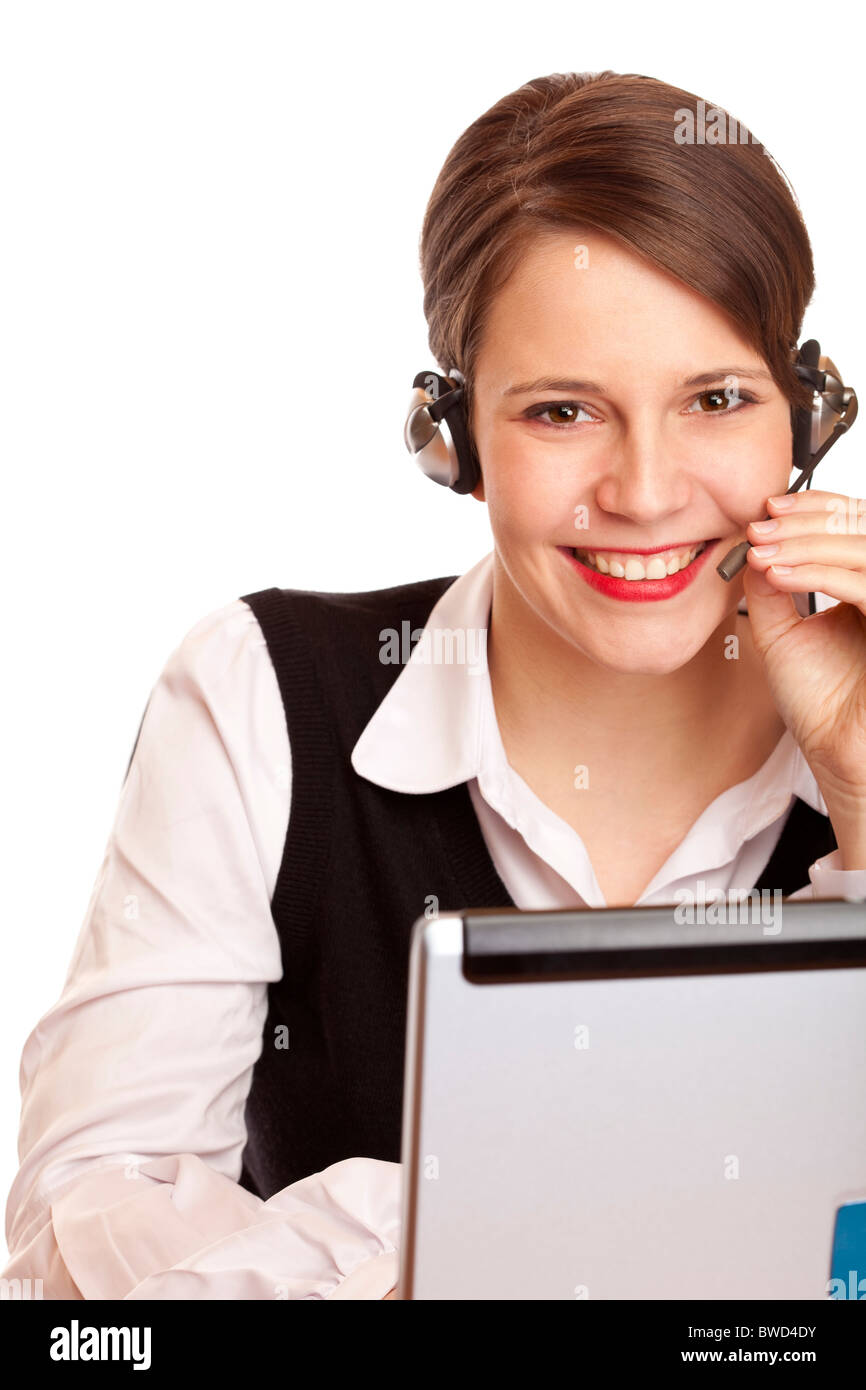 Woman with headset laughs happy and makes a call. Isolated on white background. Stock Photo