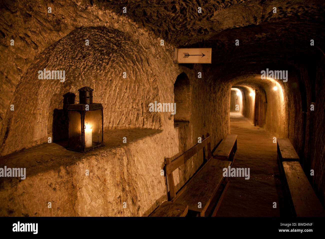 A private cubicle with period furniture in a former underground bomb shelter now opened as a historic attraction in Malta. Stock Photo