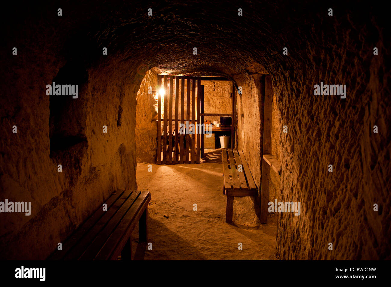 A private cubicle with period furniture in a former underground bomb shelter now opened as a historic attraction in Malta. Stock Photo