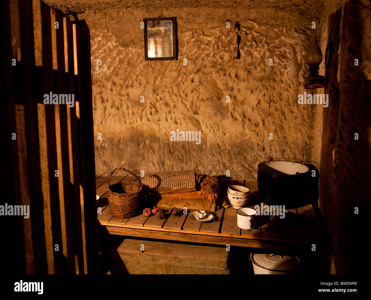 A private cubicle with period furniture in a former underground bomb shelter now opened as a historic attraction in Malta. Stock Photo