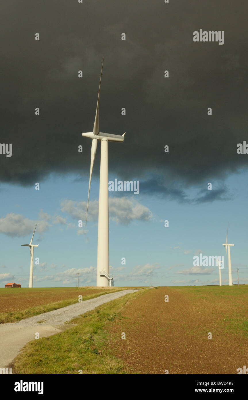 Storm clouds over wind turbines, Out Newton, East Yorkshire, England Stock Photo