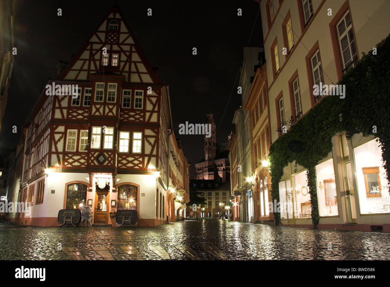 Cobbled square, halftimbered house, Mainz at night, Germany Stock