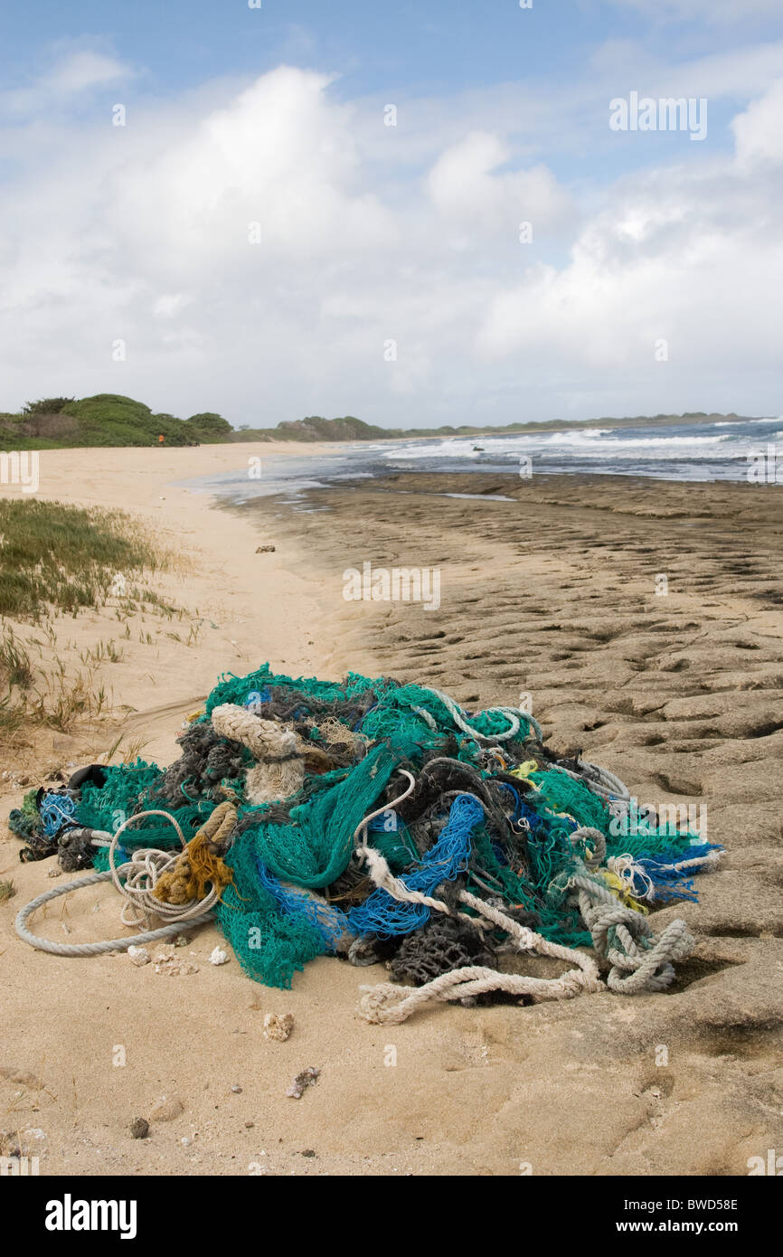 Fishing net debris washed up on Kahuku beach Stock Photo
