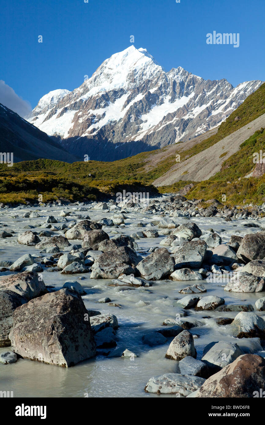 Mount Cook and glacial river with rocks Stock Photo