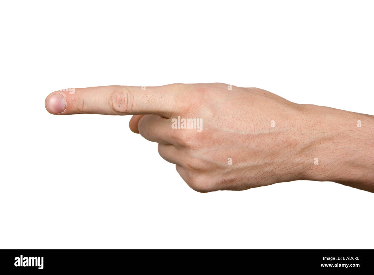 On the isolated background the hand shows a forefinger aside Stock Photo