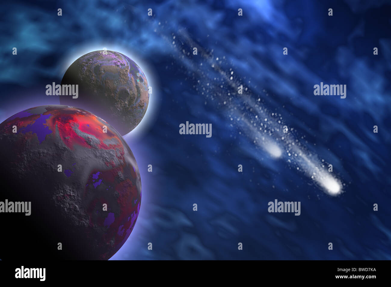 Cosmic Starlets - Two bright comets shoot past a planet and its moon. Stock Photo