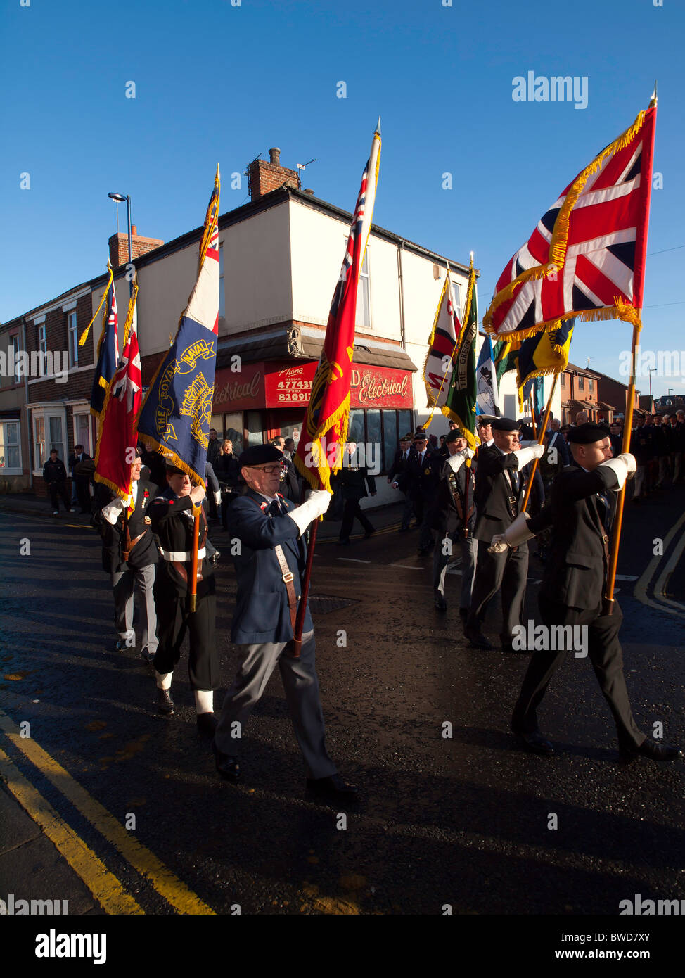 Standard Bearers lead the annual Remembrance Day  Parade from the assembly point in Redcar 14 November 2010 Stock Photo