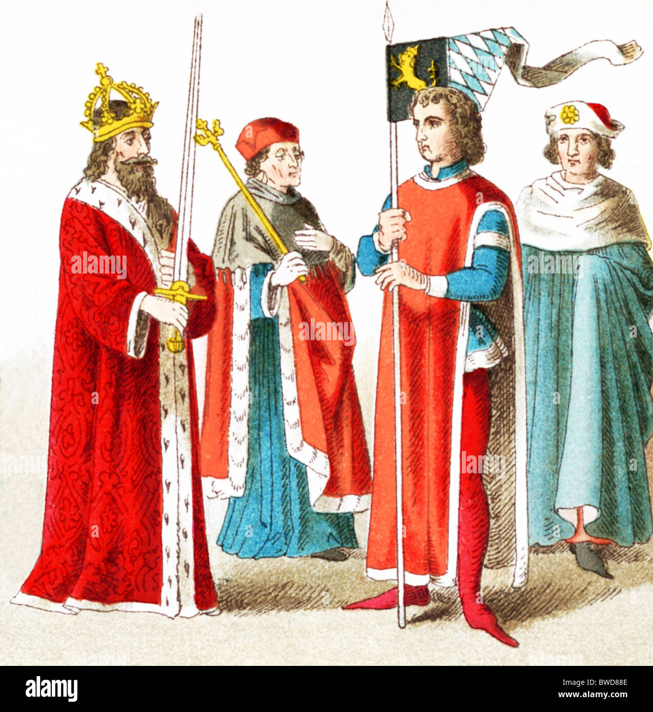 The figures pictured here represent Germans: A.D. 1400–1450:Emperor Sigismund, Electer Bishop, Duke of Bavaria, and a dignitary. Stock Photo