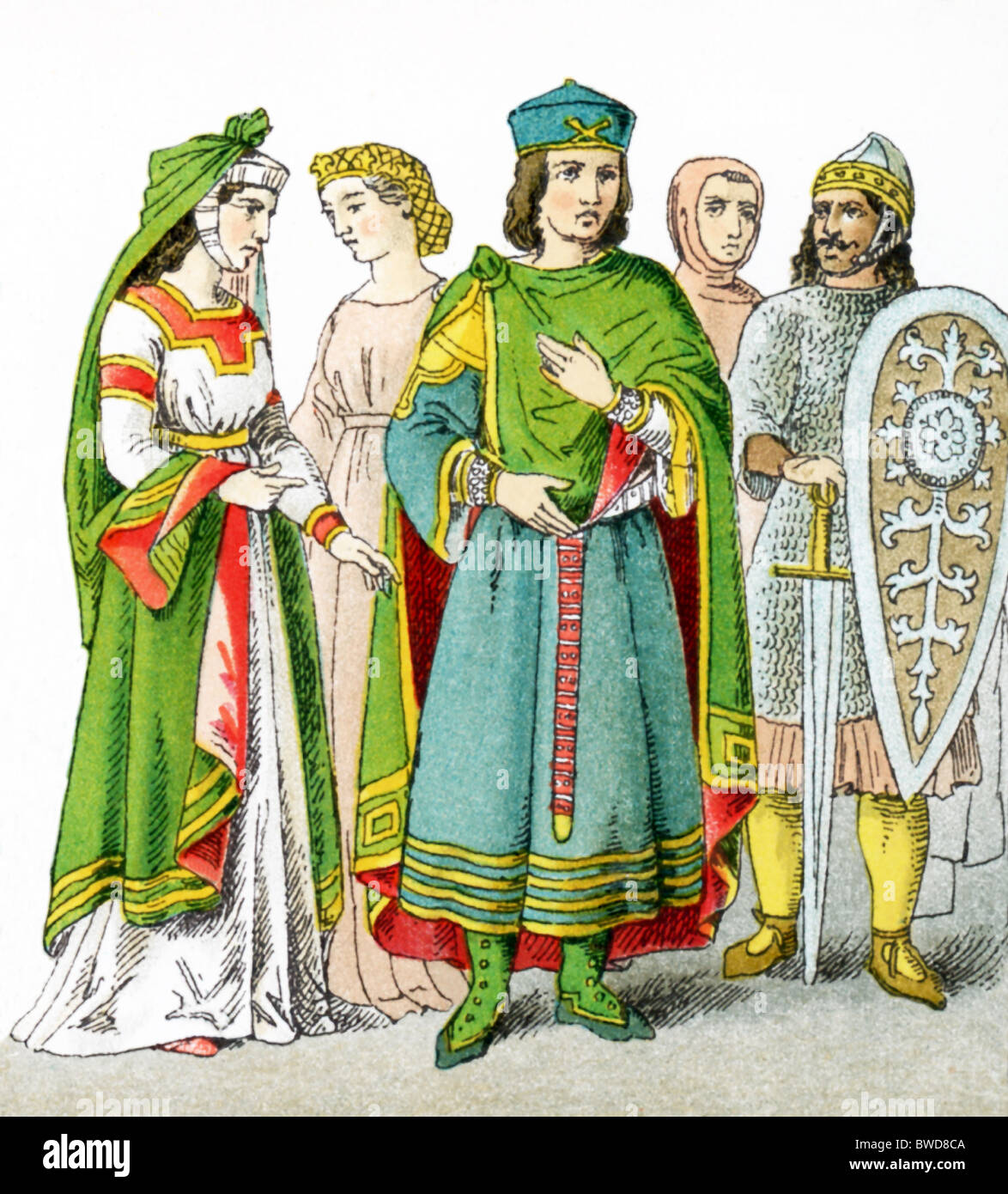 Italians around A.D. 1200: Venetian lady of rank, Italian lady of rank, Venetian of rank, commoner, and warrior. Stock Photo