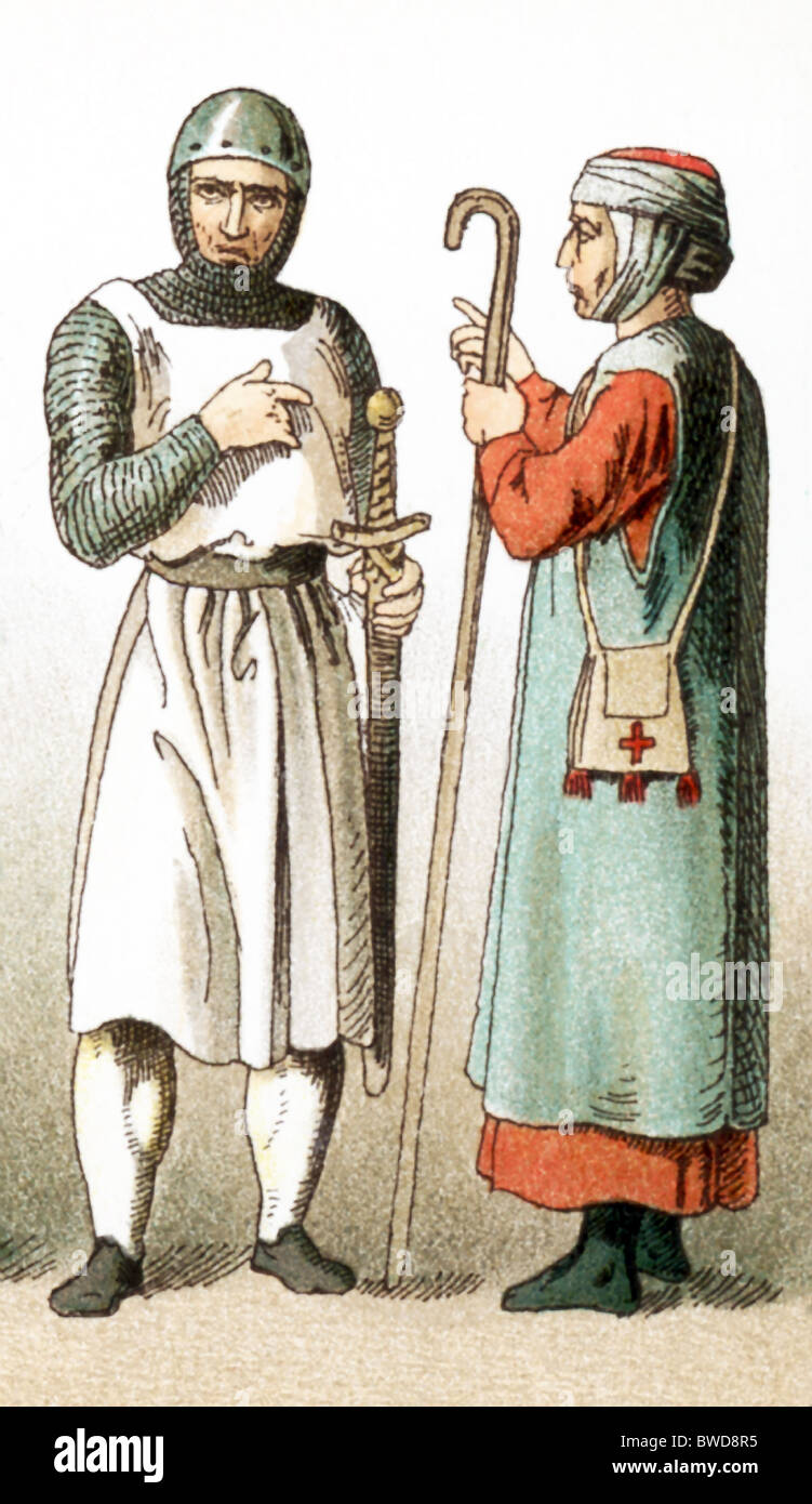 The figures represent French people around A.D. 1100. They are, from left to right: a warrior and a pilgrim. Stock Photo