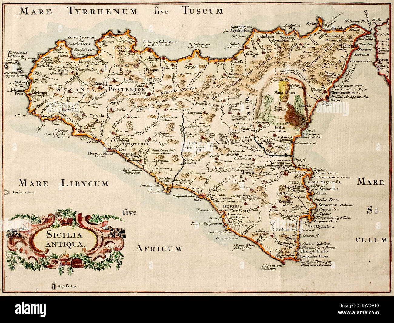 Old map of Sicily, may be dated to the 18th century Stock Photo