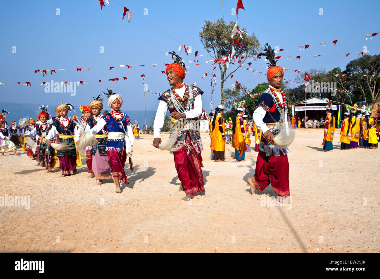 Khasi Men and Women Dancing in Traditional Festival Dress, Cherrapunji Village, Meghalaya State, North-East India Stock Photo