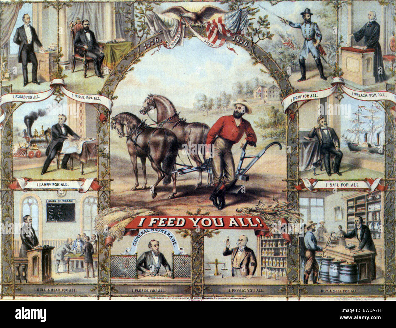 I FEED YOU ALL  1876 slightly satircal Centenary US poster showing how various  occupations contribute to the general good Stock Photo