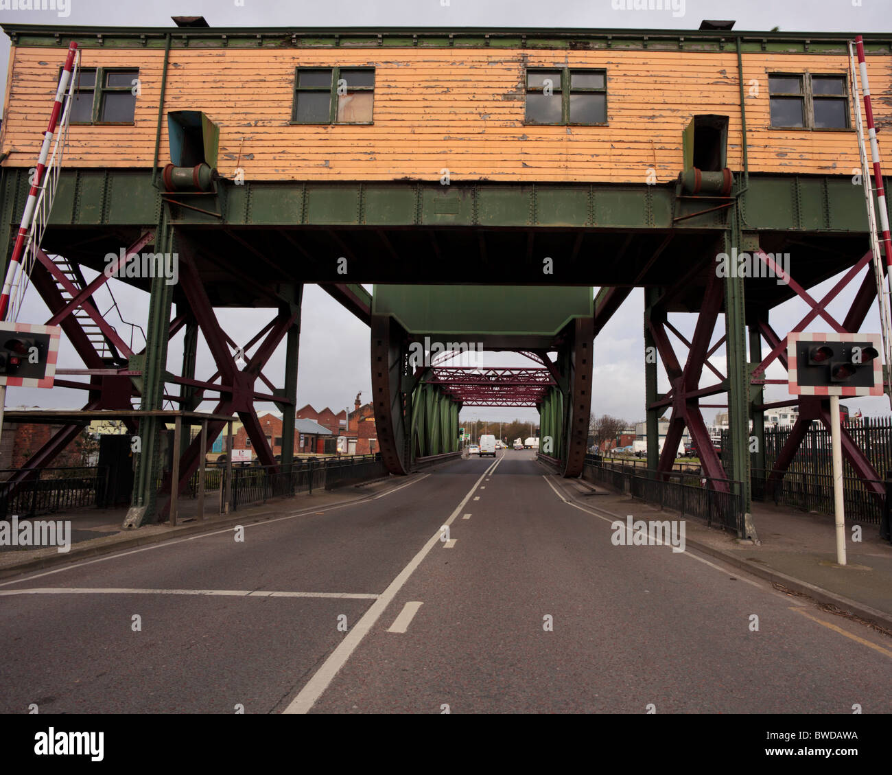 Rolling lift (bascule) bridge between East Float & West Float on the Mersey Docks, Birkenhead, Wirral, UK Stock Photo
