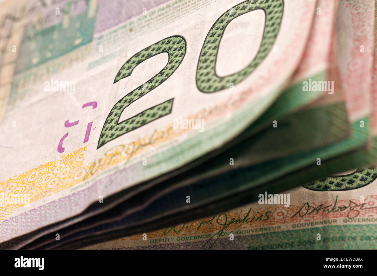 Canadian money: close up of $20 bills. Stock Photo
