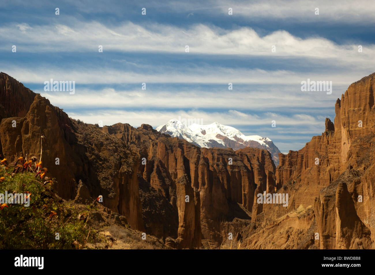 Looking down Palca Canyon, to Mount Illimani, close to La Paz, Bolivia. Stock Photo