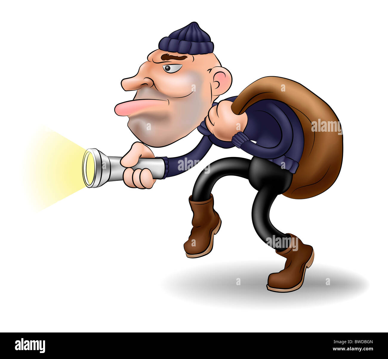 illustration of a robber or burglar creeping along with his swag bag