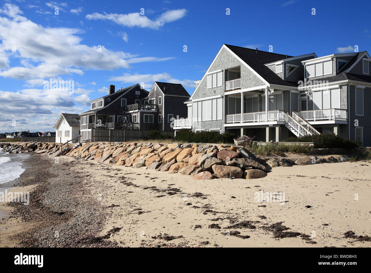 Wooden beach side houses boarded up for the winter, Falmouth beaches ...