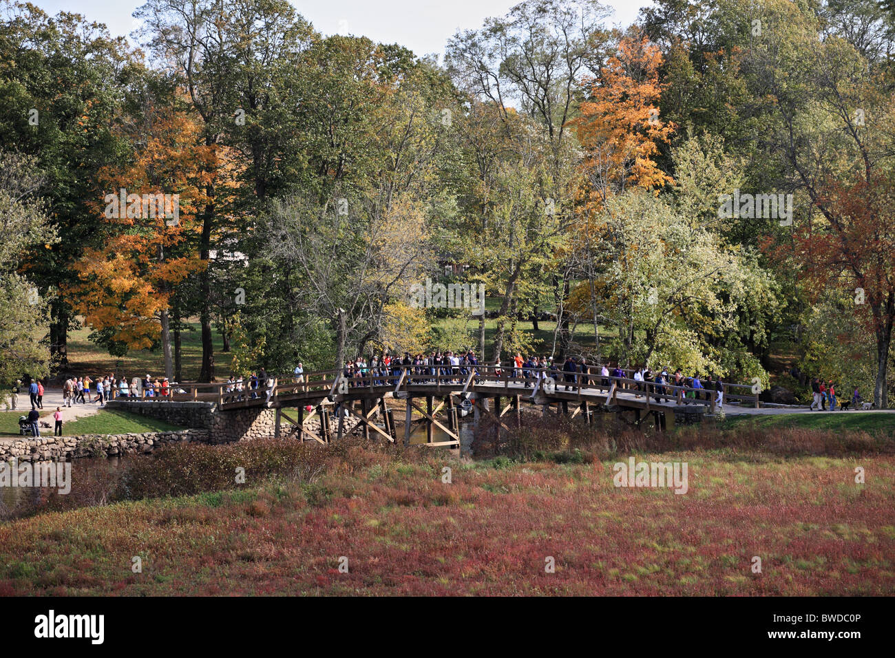 The Concord Area Crop Walk passes over the Old North Bridge within the Minute Man National Park, Concord, Massachusetts, USA Stock Photo